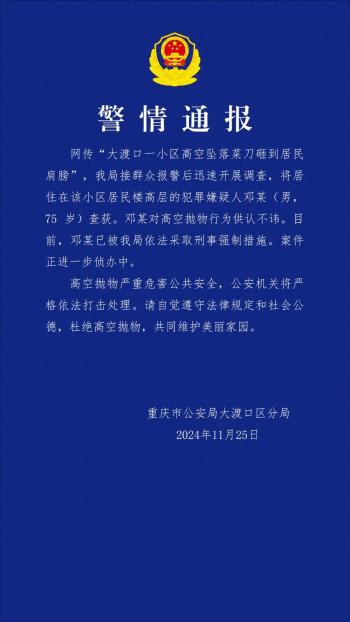 重庆大渡口一小区高空坠落菜刀砸到居民肩膀，警方通报：75岁男子已被采取刑事强制措施  